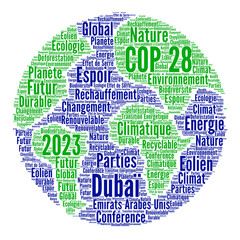 COP 28 en 2023 à Dubaï nuage de mots  - obrazy, fototapety, plakaty