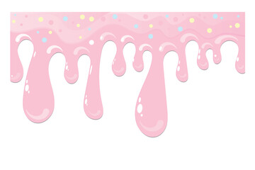 Pink soft ice cream, splashes of sweet candies, long border, seamless banner pattern, vector white background. 