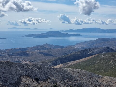 Mountain landscape with clouds. A view from Mount Zas, Naxos, Greece