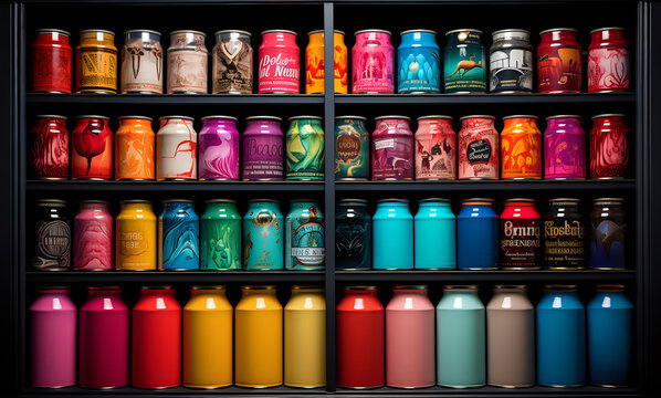 many colorful cans of carbonated drinks on the shelf