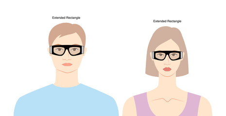 Extended Rectangle frame glasses on women and men flat character fashion accessory illustration. Sunglass front view silhouette style, rim spectacles eyeglasses, lens style outline isolated on white