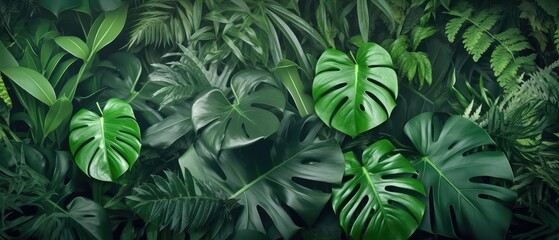 Background of tropical green leaves. Banner layout for a text field. the concept of recreation and travel. Background with tropical green leaves of monstera.