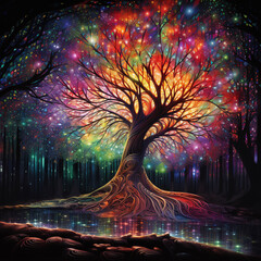 Rainbow tree at night in forest with stars and lights