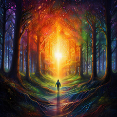 Human Silhouette in rainbow forest