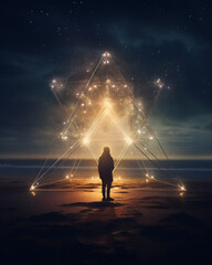 Human silhouette standing before triangular light sculpture
