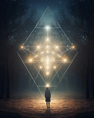 Human silhouette standing before triangular light sculpture