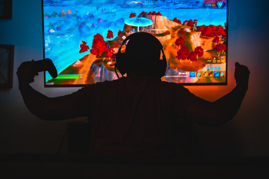 Young Man With His Back Excited Playing Video Games. Gamer Playing Fortnite On The Couch In Front Of The TV.