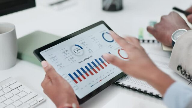 Stats meeting, screen and hands with a tablet for finance management, growth or research. Talking, team and accounting employees with technology for a strategy, analytics or working on data