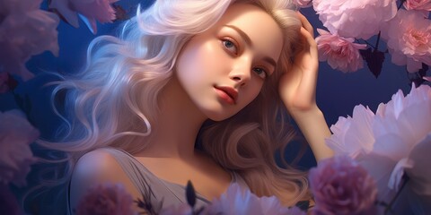 illustration of beautiful woman with flower, generative AI