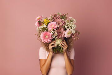 portrait of a young woman hiding behind a lush bouquet of different flowers. the girl holds buds and flowers in hands.