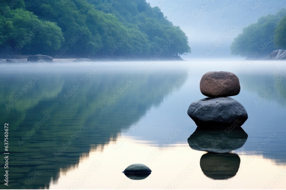Poster Two rocks stacked on top of each other in the middle of a lake. Generative AI image.
