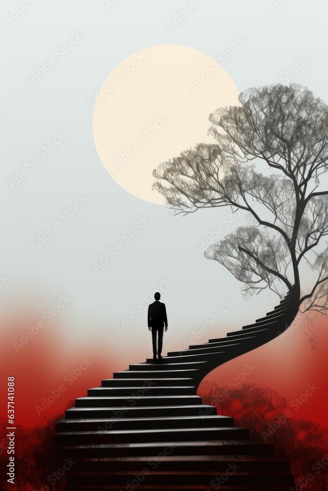 Aufkleber a man standing on a set of stairs with a tree in the background. generative ai image.