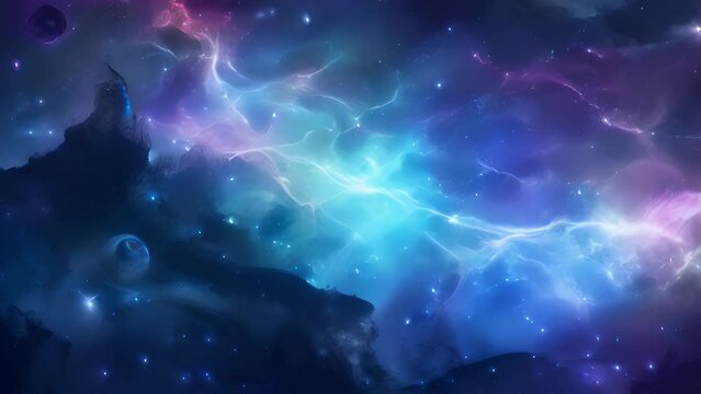 A bewitching look at the vastness of space with colors ranging from deep blues and purples to glowing whites and yellows all of which combine to create a swirl of interstellar