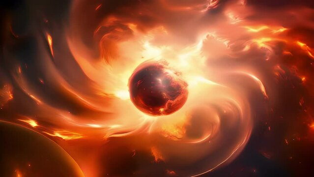 An intense and powerful image of a star being born at the center of a fiery red and orange supernova. Strong shock waves of red light beam outward from the star sending out strong