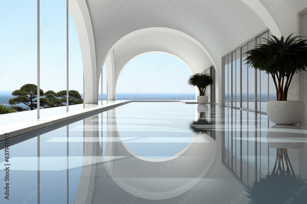 Poster a long pool with a plant in a vase next to it. generative ai image.