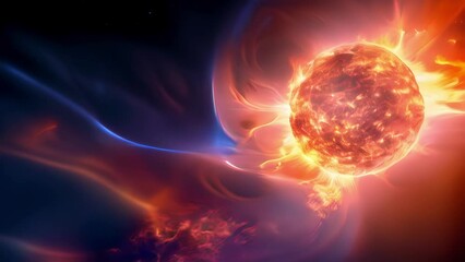 An upclose look at a fiery coronal mass ejection with a small orangered shock wave being expelled with rapidly expanding clouds of hot electricblue plasma radiating out into space