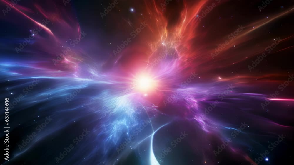 Poster a thick layer of cosmic gas and dust illuminated with the intense multicolored light of bombarding c