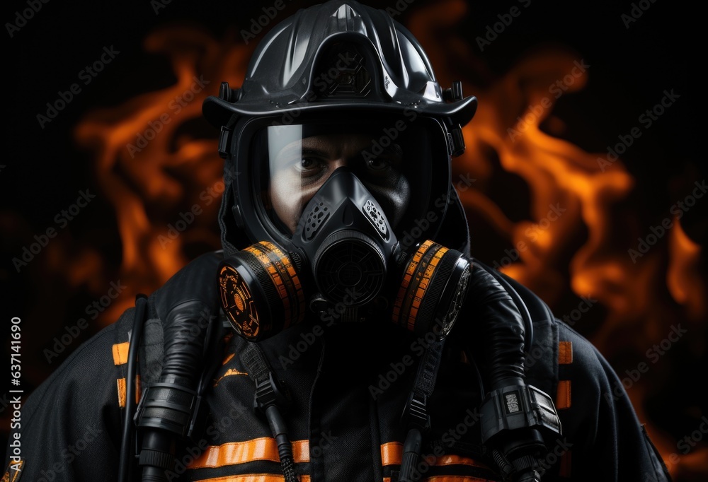 Poster a firefighter wearing a gas mask in front of a fire. generative ai image.
