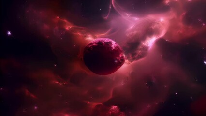 The night sky is dimly painted by a red giant star its expansive waves of hot gasses spreading far and wide. The star itself is burning bright red in the center and pulsates with