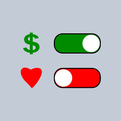 money icon green button. heart icon red button. dollar.