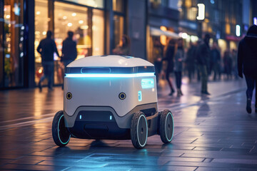 Autonomous delivery robot navigating a city street, delivering a cargo, showcasing its innovative role in urban logistics