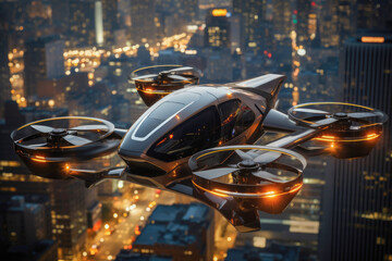 Electric vertical takeoff and landing or eVTOL aircraft hovering high above city skyscrapers