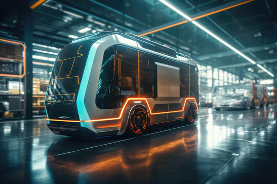 Autonomous electric delivery van making it's way through a modern city with LED lighting highlighting the seamless interaction between technology and logistics