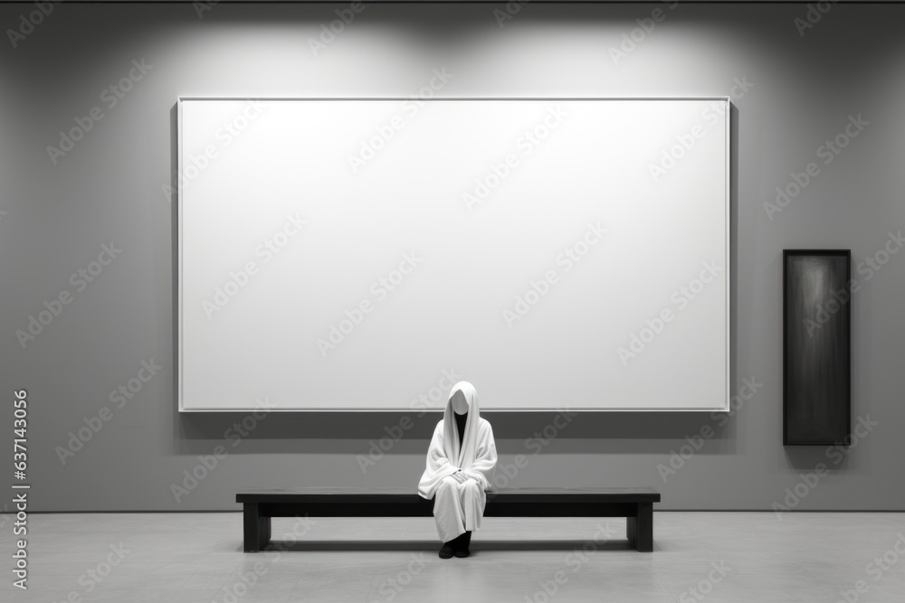 Poster a person sitting on a bench in a room. generative ai image.