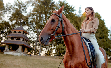 Obraz premium A young jockey-girl leads a saddled brown horse by the reins. Horse school provides riding lessons and therapeutic experiences like hippotherapy. Horse care for emotional well-being.