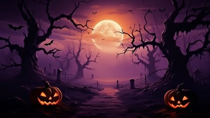 Fototapeta premium Halloween background spooky night with evil pumpkin