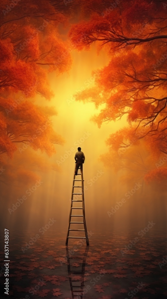Poster a man standing on a ladder in the middle of a lake. generative ai image.
