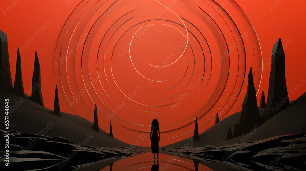 Poster a person standing in front of a red sky. generative ai image.