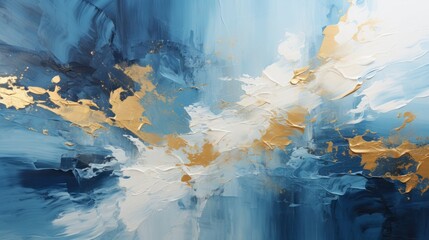 An abstract background of blue and gold with visible paint and pallet knife strokes. Generative AI. 