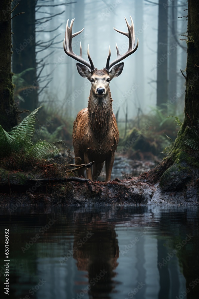 Poster a deer standing in the middle of a forest. generative ai image.