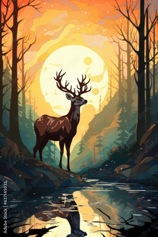 Poster a deer standing in the middle of a forest. generative ai image.