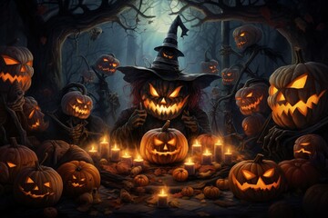 Halloween background spooky night with evil pumpkin - obrazy, fototapety, plakaty