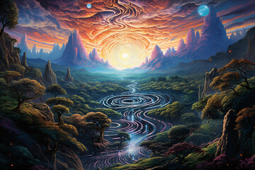 Surreal rainbow labyrinth sunset mountains landscape