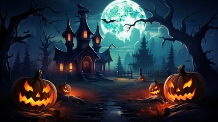 Fototapeta na wymiar Halloween background spooky night with evil pumpkin