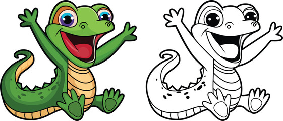 Obraz premium Happy Cartoon Lizard vector illustration, Jumping and smiling lizard cartoon mascot vector image