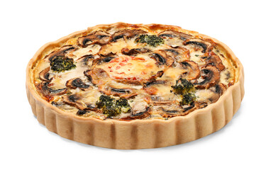 Delicious quiche with mushrooms isolated on white
