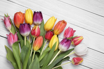 Beautiful colorful tulip flowers on white wooden table, top view