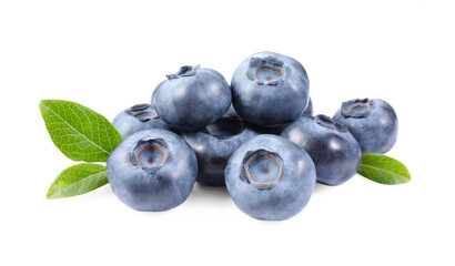 Pile of fresh ripe blueberries and leaves isolated on white