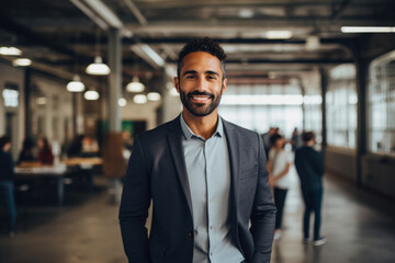 Fototapeta premium An ambitious entrepreneur stands confidently in front of a vibrant, bustling tech startup office space, brimming with innovation and potential.