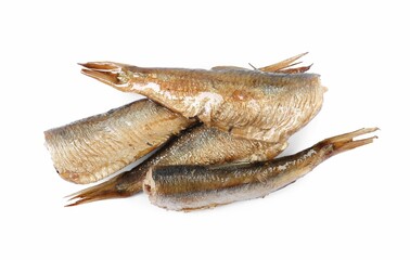 Tasty canned sprats isolated on white, top view