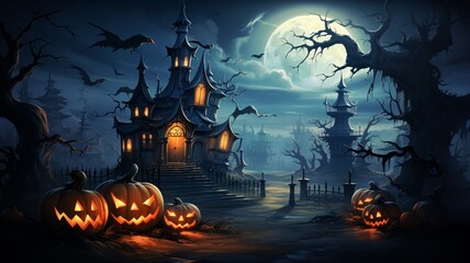 Halloween background spooky night with evil pumpkin