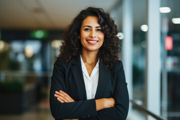 Empowered and Ambitious: A Diverse Woman in a Modern Business Suit, Smiling Confidently with Crossed Arms, Showcasing Professional Success and Multitasking Abilities in a Realistic Office Setting
