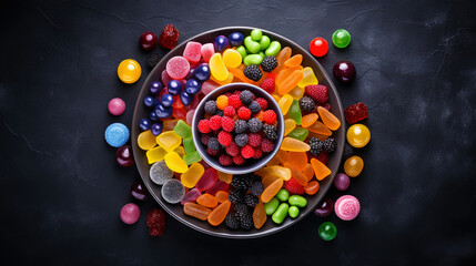 Top view on delicious multicolored candies on black rustic background. Generative AI