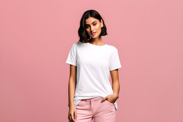 A woman wearing white tshirt mockup, at pink background. Design tshirt mock-up, print presentation mock-up. AI generated.