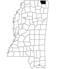 Map of alcorn County in Mississippi state on white background. single County map highlighted by black colour on Mississippi map. United States of America, US
