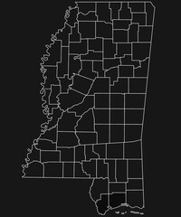 outline Mississippi map with County in white on black background. Administrative map of Mississippi state, United State of America, US, United State.
